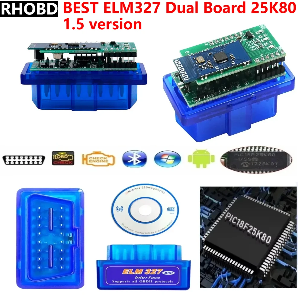 ELM327 V1.5 Double PCB PIC18F25K80 Chip Bluetooth WIFI v1.5 Auto Code Reader OBD2 Scanner Universal Diagnostic Tool Android IOS