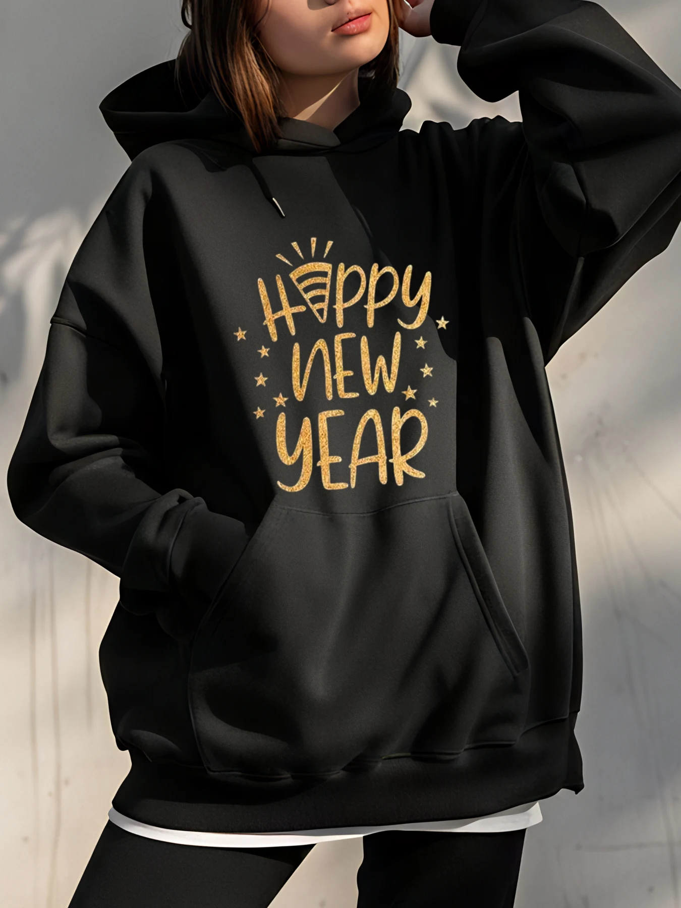 

Толстовка с золотым принтом «С Новым годом» и звездами для женщин, повседневная одежда, праздничный сезонный праздничный наряд