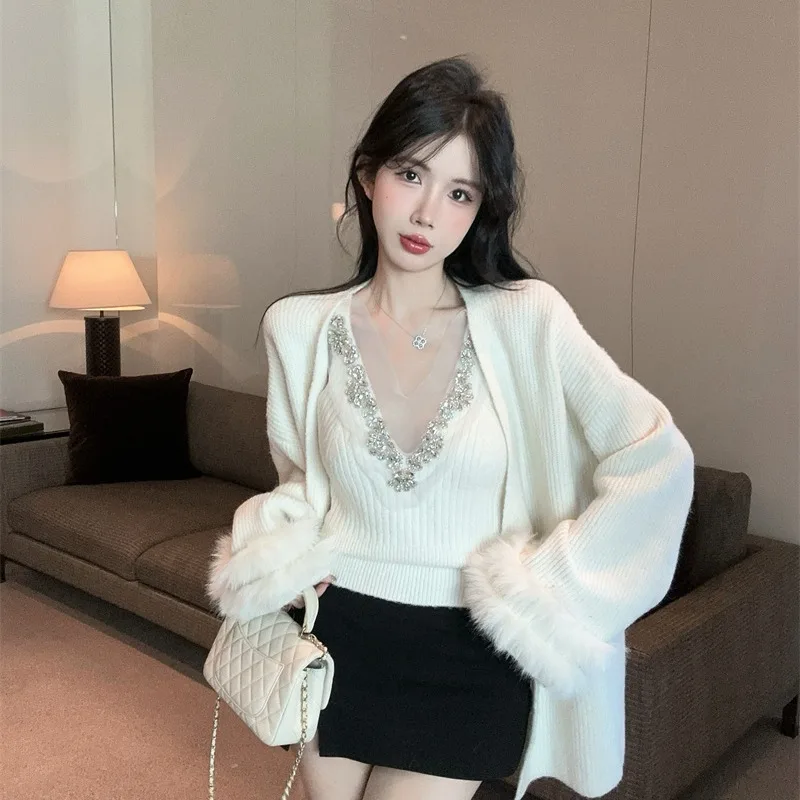 

Heavy-Embroidered Diamond Base Vest Loose Straight Thickened Knitted Cardigan Set Sexy Lazy Style Women's plus Size Winter Ou...