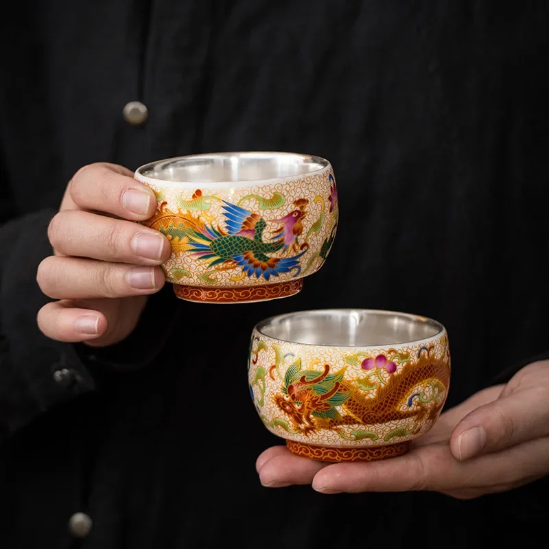 999 Silver Tea Cup with Dragon Phoenix Filigree Enamel Handmade Pure Silver Gilded Master Cup Luxury Collectors Gift Set