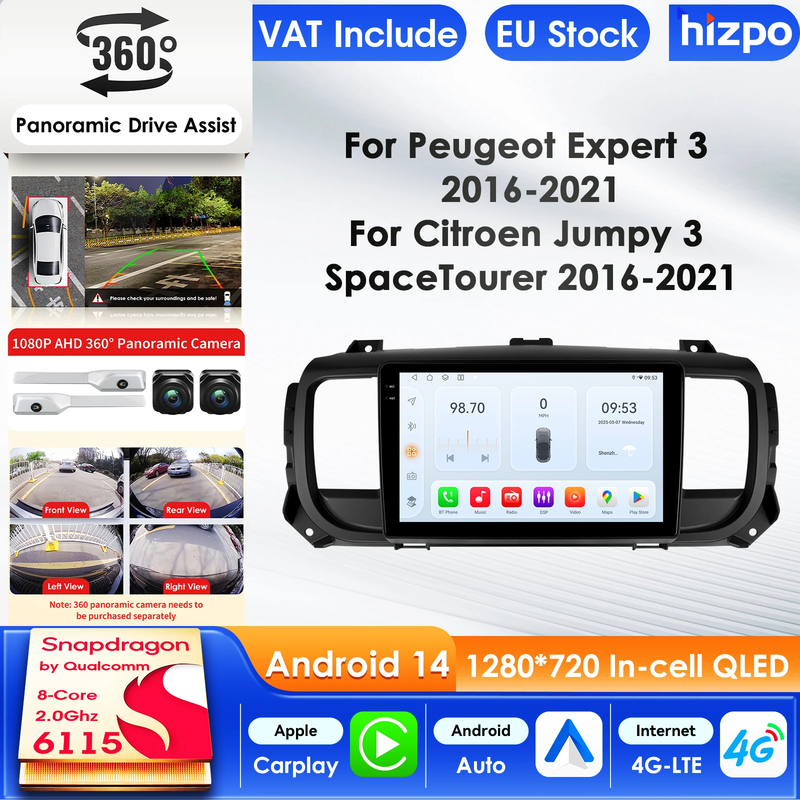 Autoradio Hizpo pour Peugeot Expert 3 Citroën Jumpy 3 Space Tourer 2016-2021 Lecteur multimédia audio GPS Carplay 4G WIFI 360 CAM