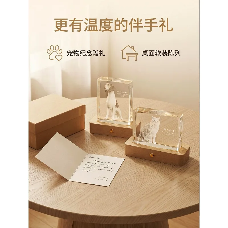 Customized Pet Paw Print Text Souvenir Creative Gift Dog Cat Photo 3D Inner Engraving Crystal Photo Frame Table