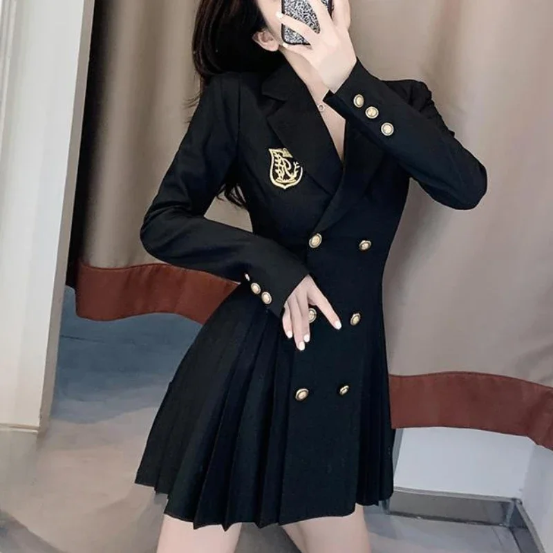 Blazer de estilo Preppy para Mujer, chaqueta negra con pliegues de cintura delgada, vestido de abrigo para primavera y otoño, S-2XL