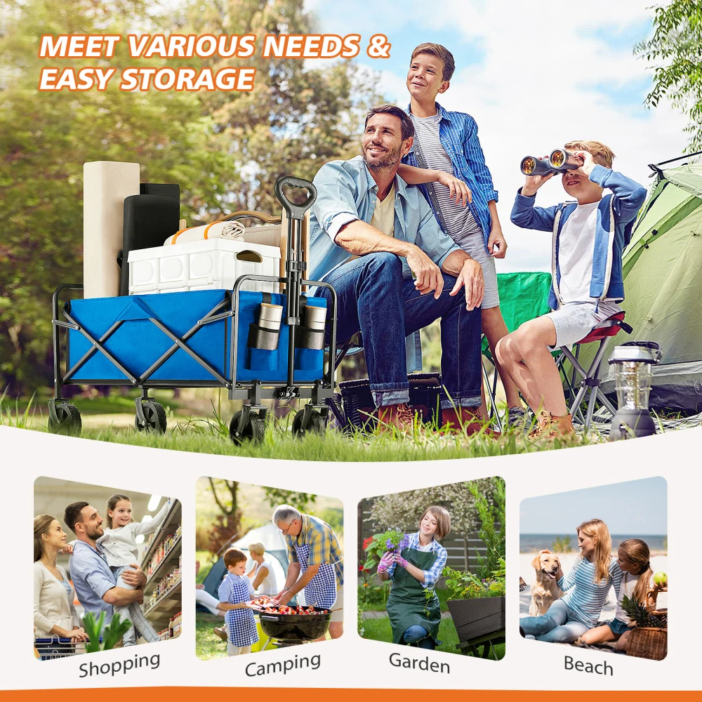 Folding Wagon Cart with Wheels Foldable Grocery Cart Small Blue All-Terrain Wheels Drink Holders Sports Wagon Camping Shopping