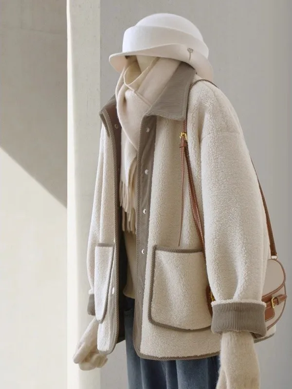 Large Size 300 Pounds Korean Style Fashionable Wheat Color Lamb Fur Jacket Men Women Winter Trend Color Collision Collar Jacket