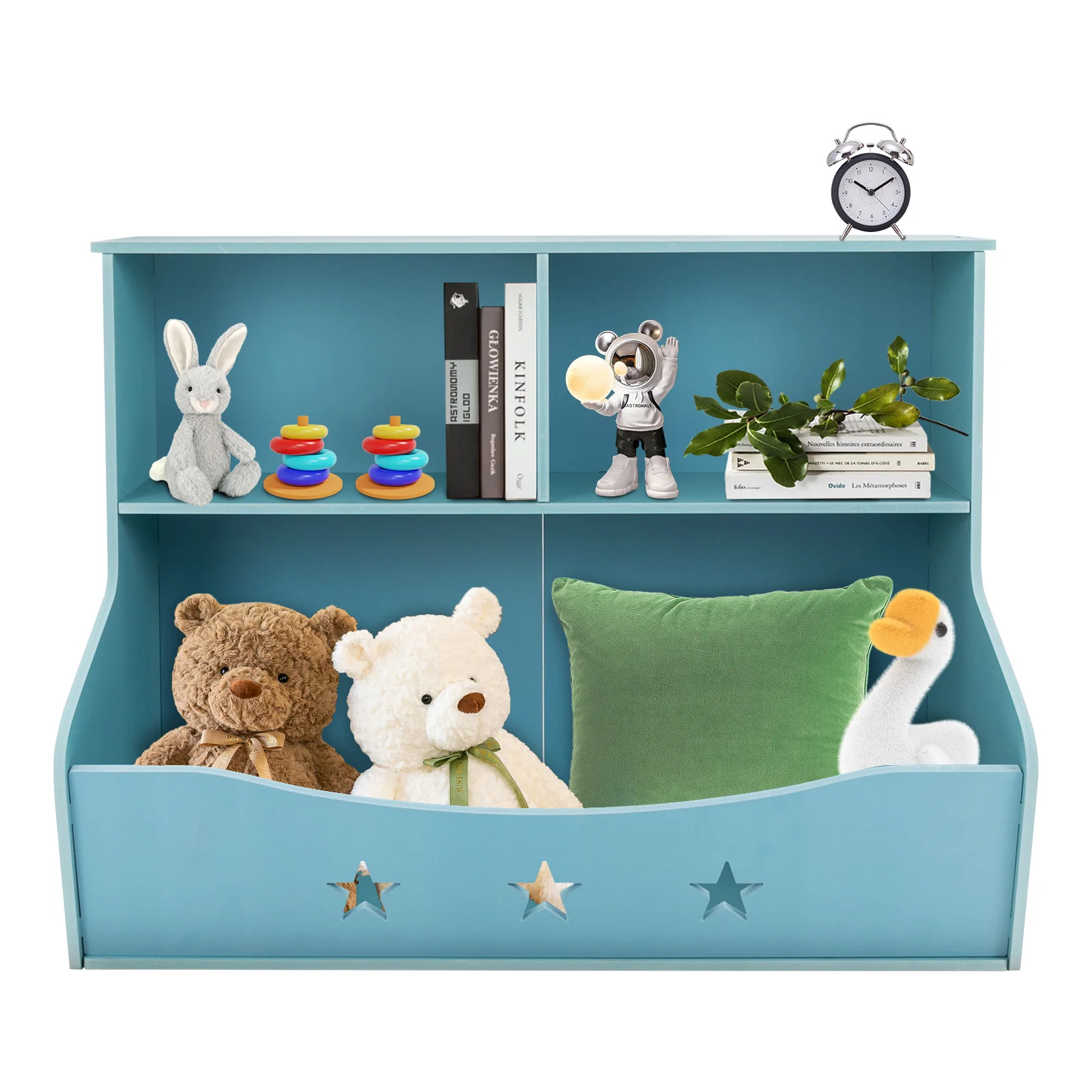 Children’s Book Shelf, PVC Board, 2 Vertical Compartments, Large Bottom Bin, Cute Light Blue Design, Ideal for Books and Toys