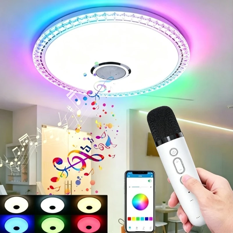 RGB LED Ceiling Light Bluetooth Speaker Mic Remote Control, High Brightness Color Changing Lamp with Music Sync Function