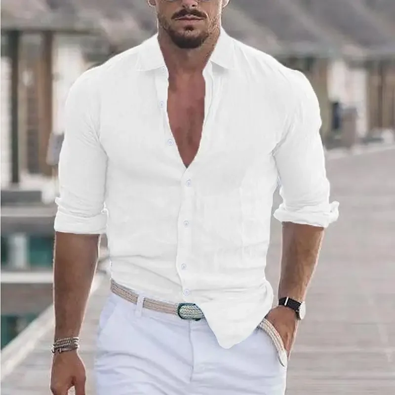 Men Spring Summer Shirt Solid Color Turndown Collar Button Sheath Long Sleeve Casual Fashion Comfortable Regular Standard Fit