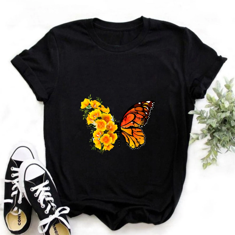 Vintage Distressed Monarch Butterfly T-Shirt, Yellow Flower Graphic Cotton Short Sleeve Tee Retro Nature Lover Top Women T Shirt
