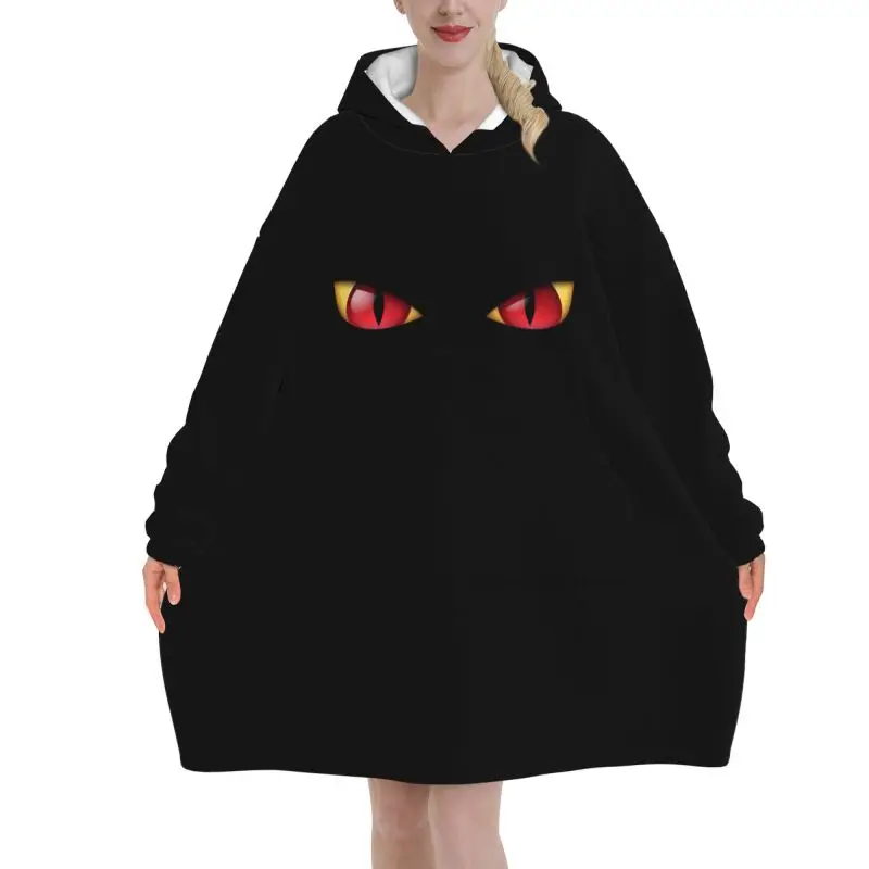 Funny Evil Eyes Black Blanket Hoodie Women Oversized Wearable Pullover Sweatshirt Fleece Sherpa Hooded Blanket with Pockets