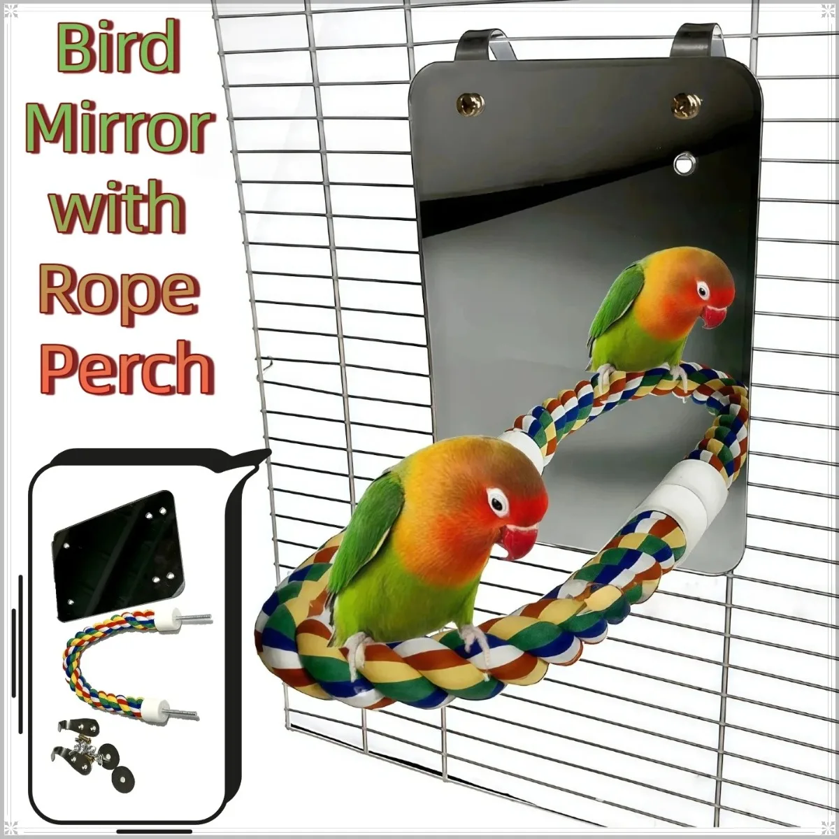 

Bird Mirror With Perch Cage Swing Toy Macaws Finches Small Parakeet Rope Stand for Parrot Pet Supplies Bird Cage Accessories