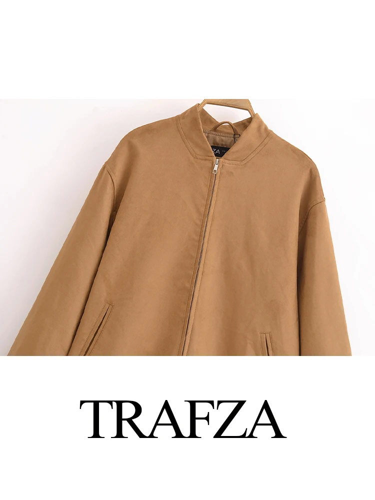 TRAFZA-Blouson Bombardier Polyvalent en Daim pour Femme, Effet Bergame, Poches Décorées, Fermeture Éclair, High Street, Décontracté