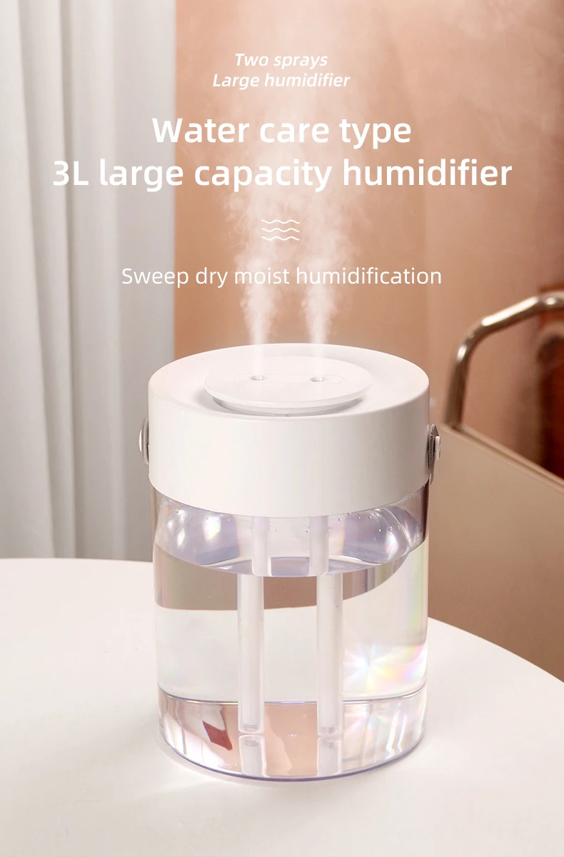 Neue 3L Doppel Spray Luftbefeuchter Zerstäuber Usb Große Kapazität Hause Stumm Schlafzimmer Büro Nachtlicht Digital Display Luftbefeuchter – Detail 1