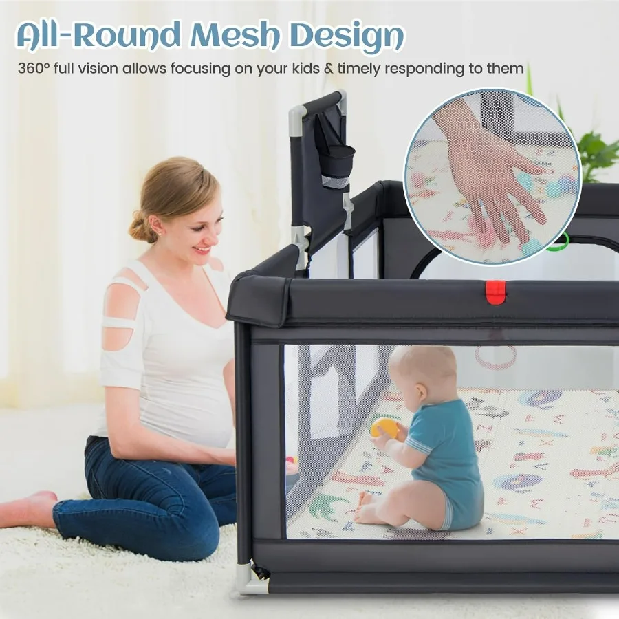 คอกกั้นเด็ก 74 x 62 ซม. ขนาดใหญ่พิเศษ พร้อมแผ่นรองคลาน 50 ลูกบอลทะเล 4 ห่วงบอลพองลม ห่วงบาสเก็ตบอล และลูกฟุตบอล 2 ลูก