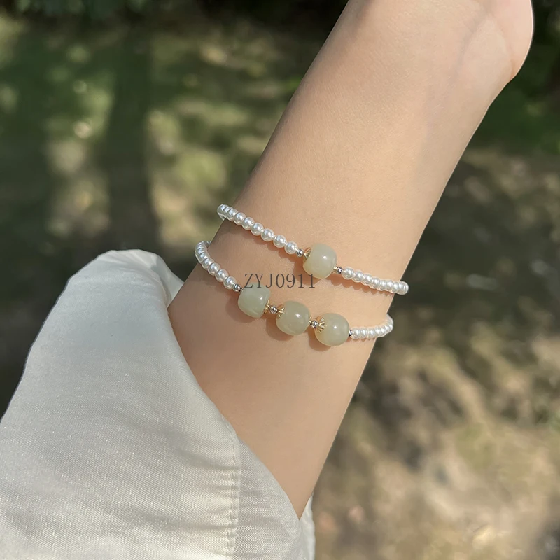 Natural Hetian Jade S925 Sterling Silver Crushed Silver Strong Light Pearl Bracelet Simple High-end Female