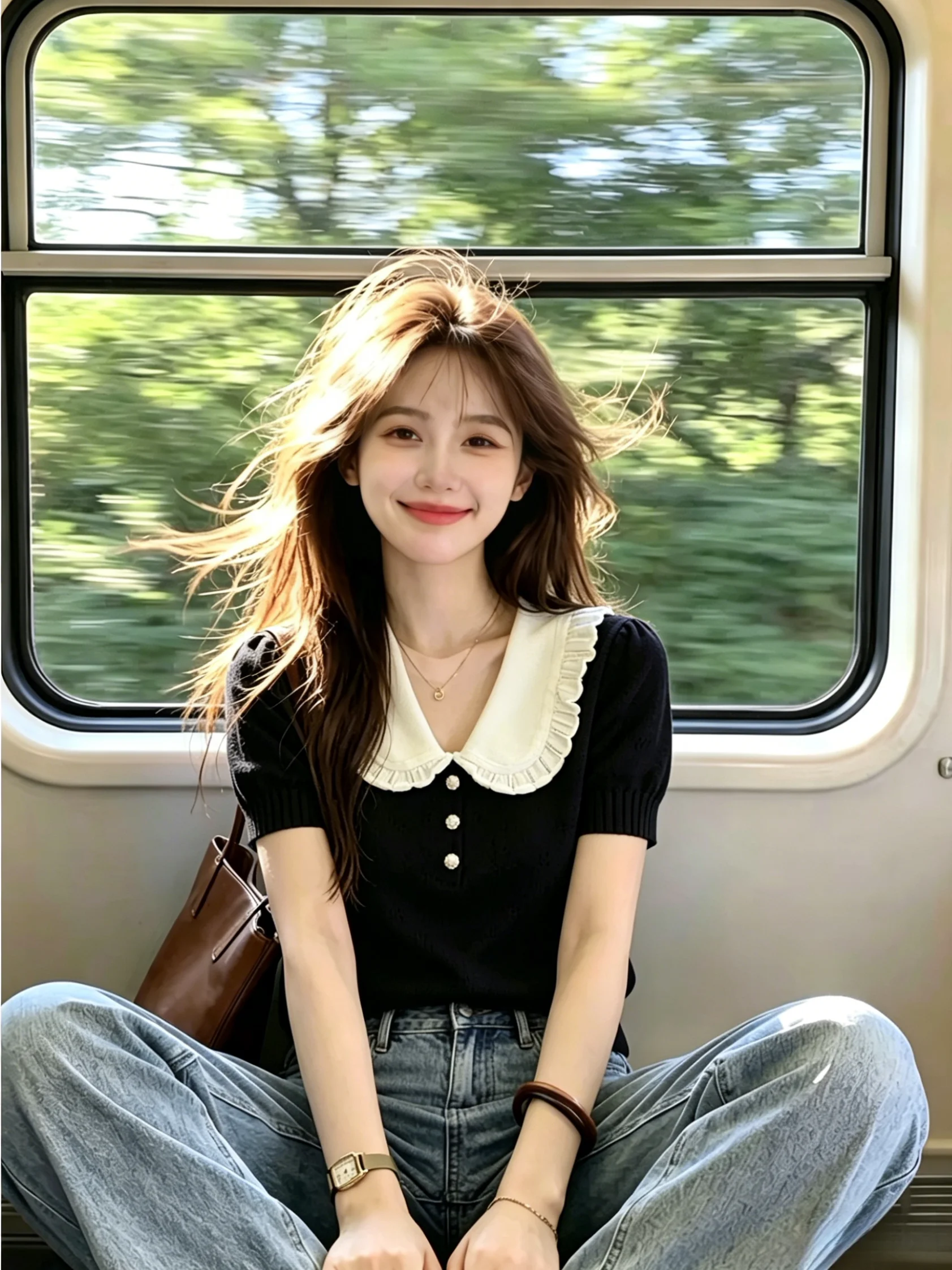 

Sweet Unique Color Block Doll Collar Short Sleeve Knitted Top for Women Summer New Style Korean Version Slim Fit Bubble Sleeve