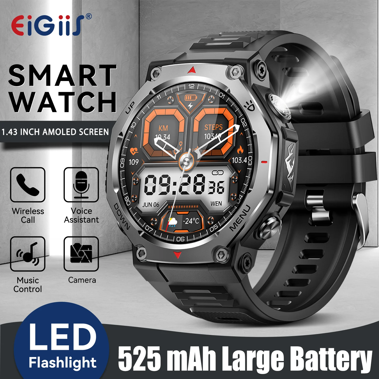 

EIGIIS Smart Watches for Men with Powerful Flashlight 1.43" HD Smartwatch with 100+ Sport Modes Health Monitor 5ATM Waterproof