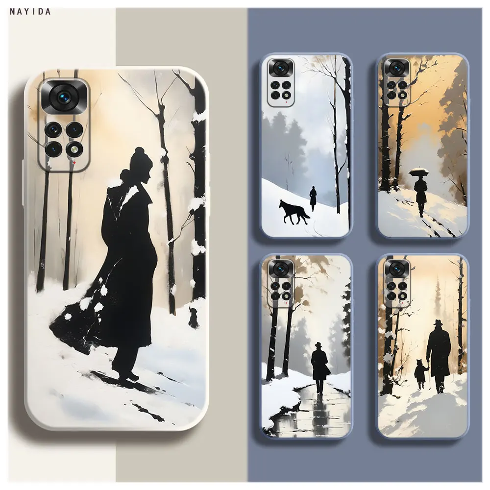 Phone Case For Xiaomi Redmi Note 12 11 12S Pro Plus 12c 11a 4G 5G Cover Strolling in the snow with oil painting of silhouette