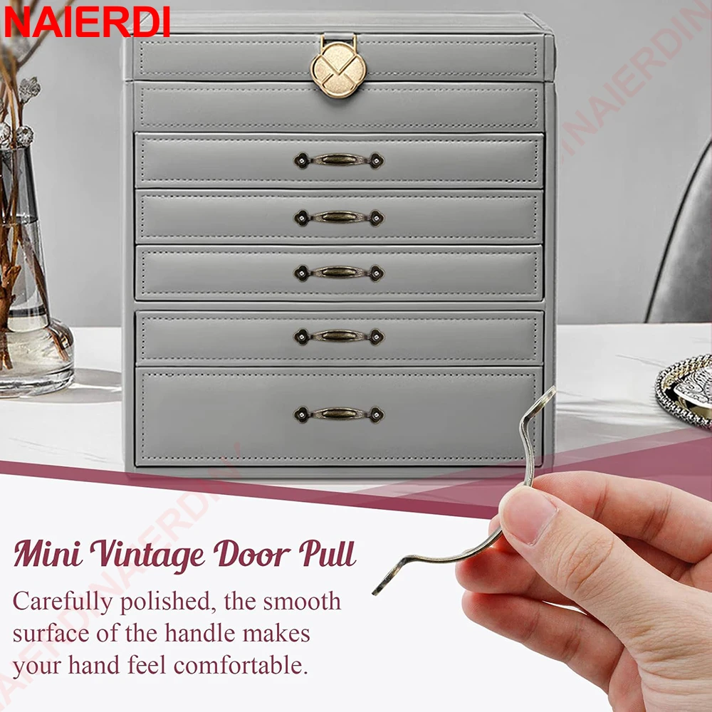 Naierdi 8 Pack Decoratieve Bronzen Handgrepen Mini Vintage Deur Pull Dressoir Lade Trekt Voor Sieraden Doos Kast