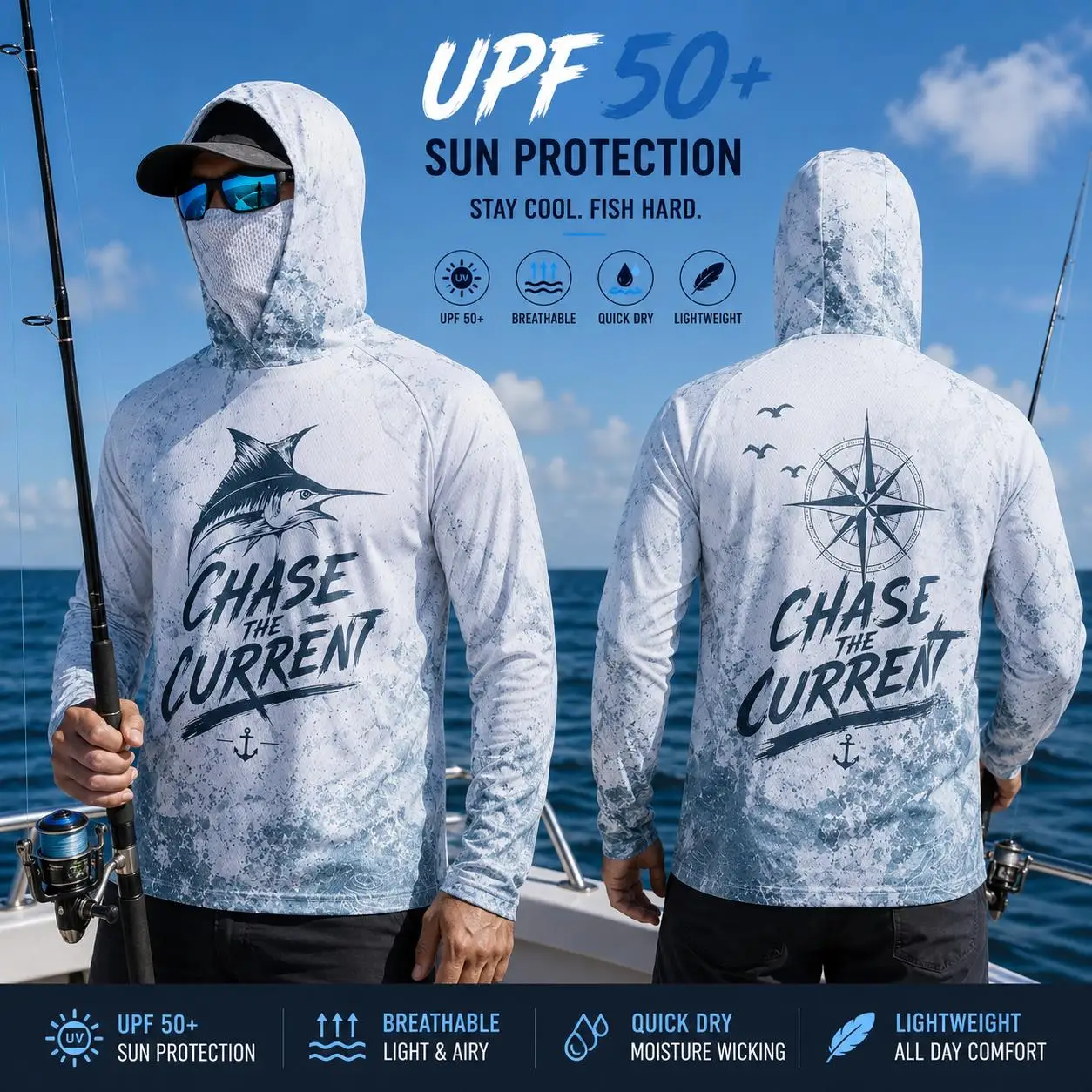 Fishing Hoodie Shirt Men Long Sleeve Protection Face Mask Quick Dry Sun Shirt Performance Fishing Jersey Sailfish