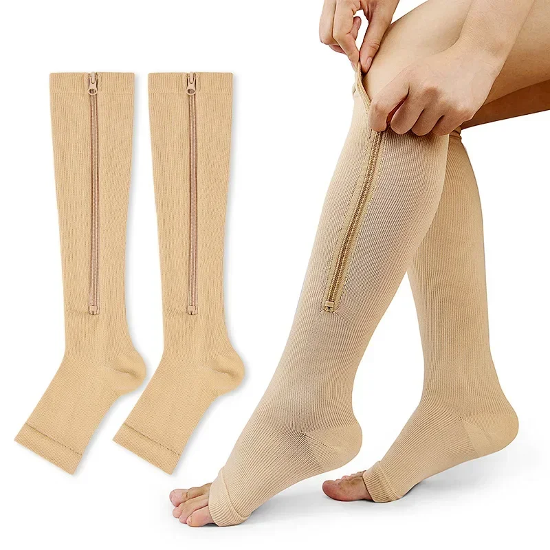 Medias de compresión con cremallera y punta abierta de 15-20 MmHg para hombres y mujeres, calcetines de compresión ligeros para mujeres embarazadas