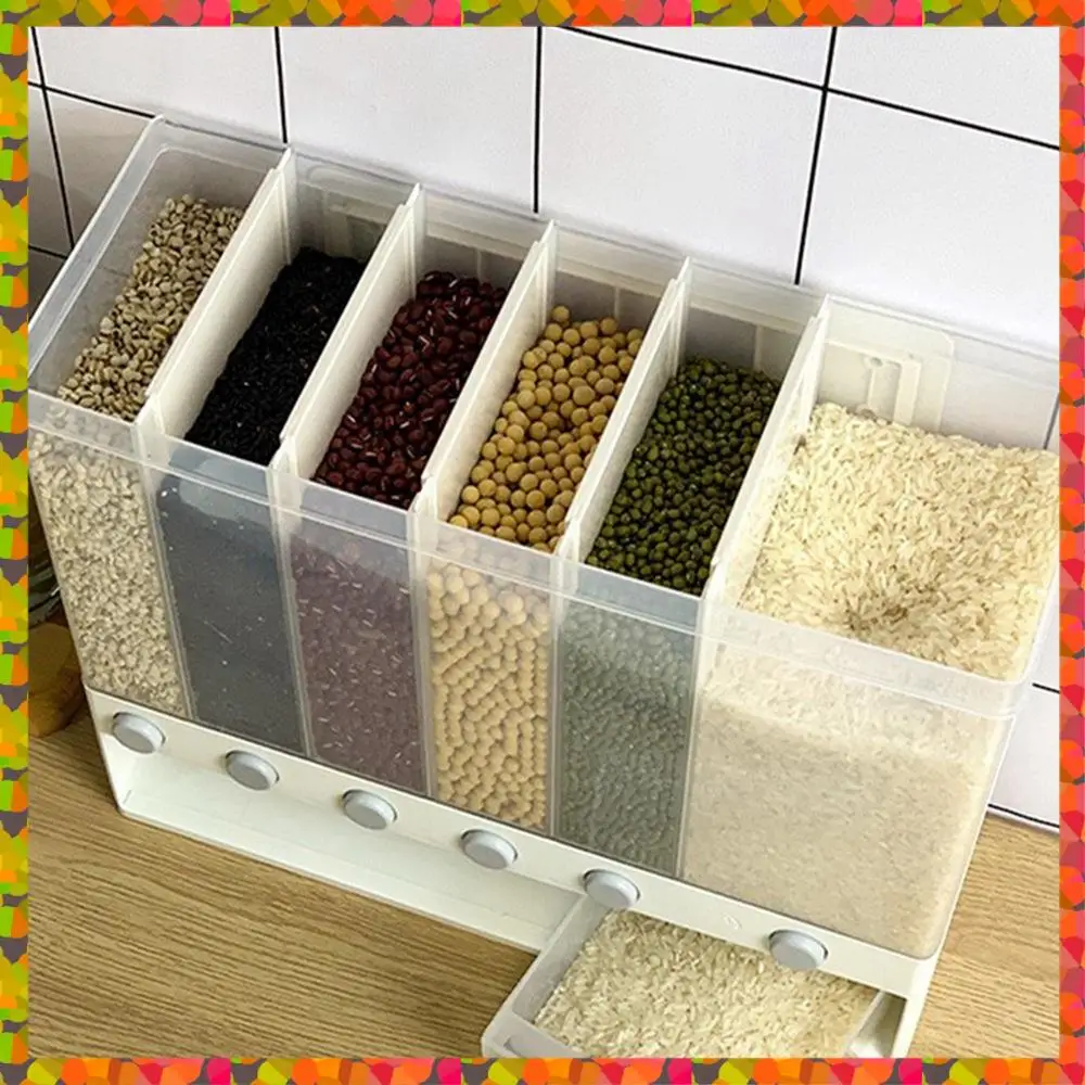 

Promotion! 10KG Wall Mounted Divided Rice And Cereal Dispenser 6 Moisture Proof Plastic Automatic Racks Sealed Food Storage Box