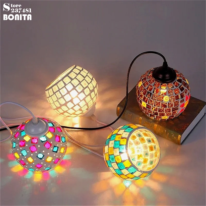 Bohemian Mediterranean Mosaic Pendant Light, Colorful Crackle Glass Small Chandelier for Accents Cafe Bar Restaurant Decoration