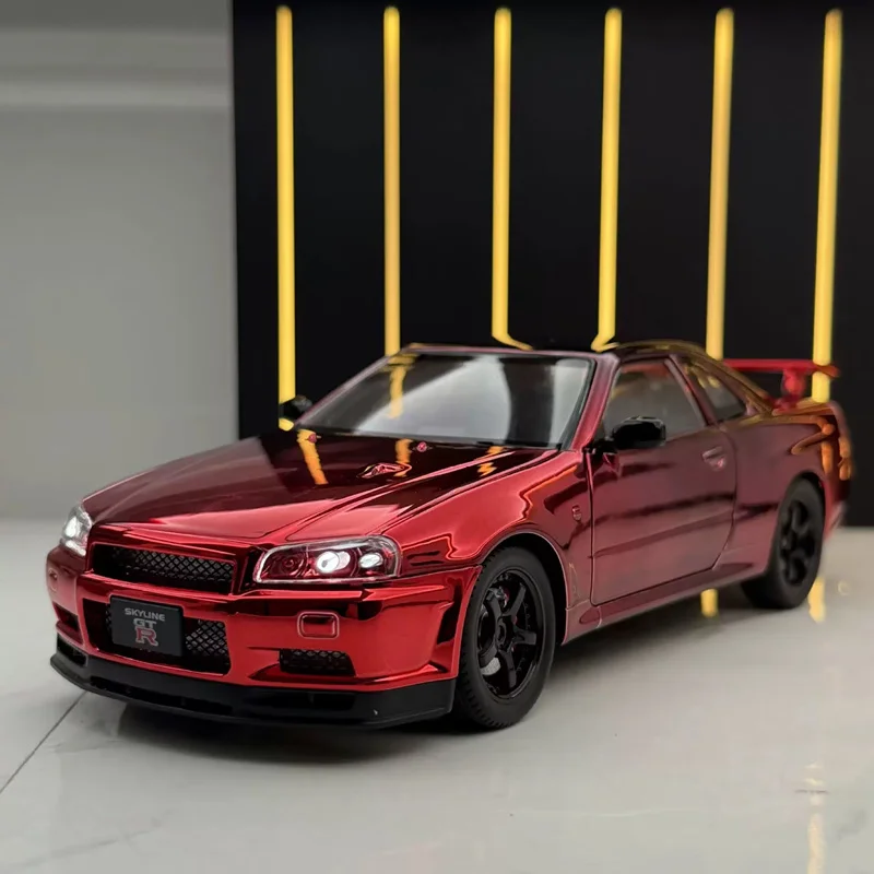 1:24 Skyline GT-R GTR R34 Metalowy Model Samochodu Sportowego z Odlewu, Elektroplaterowany, Model Wyścigowy z Dźwiękiem i Światłem, Zabawka dla Dzieci, Prezent