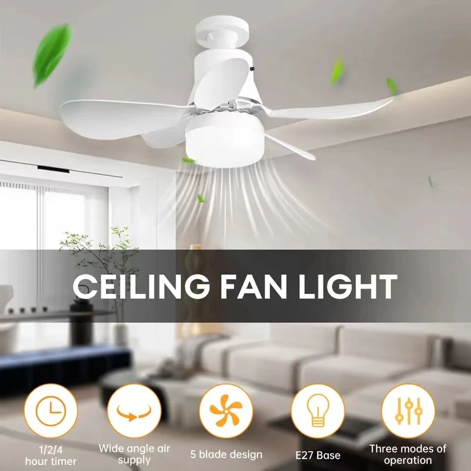 

E27 Small 5-Leaf Ceiling Fan Light Remote Control Three Color Dimming Detachable Fan Leaves Fan Lighting 2-In-1 Fan Light