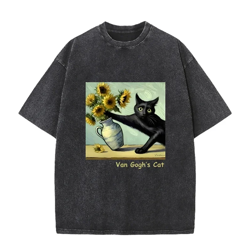 Lustiges „Van Gogh's Cat“-Sonnenblumen-Kunstdruck-Vintage-Oberteil in gewaschenem Schwarz