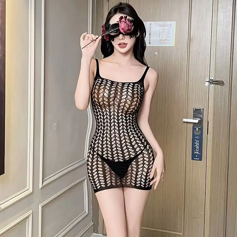 セクシーなオープンクロッチボディスーツ、網タイツ、黒のランジェリーセット、脱ぐ必要はありません。