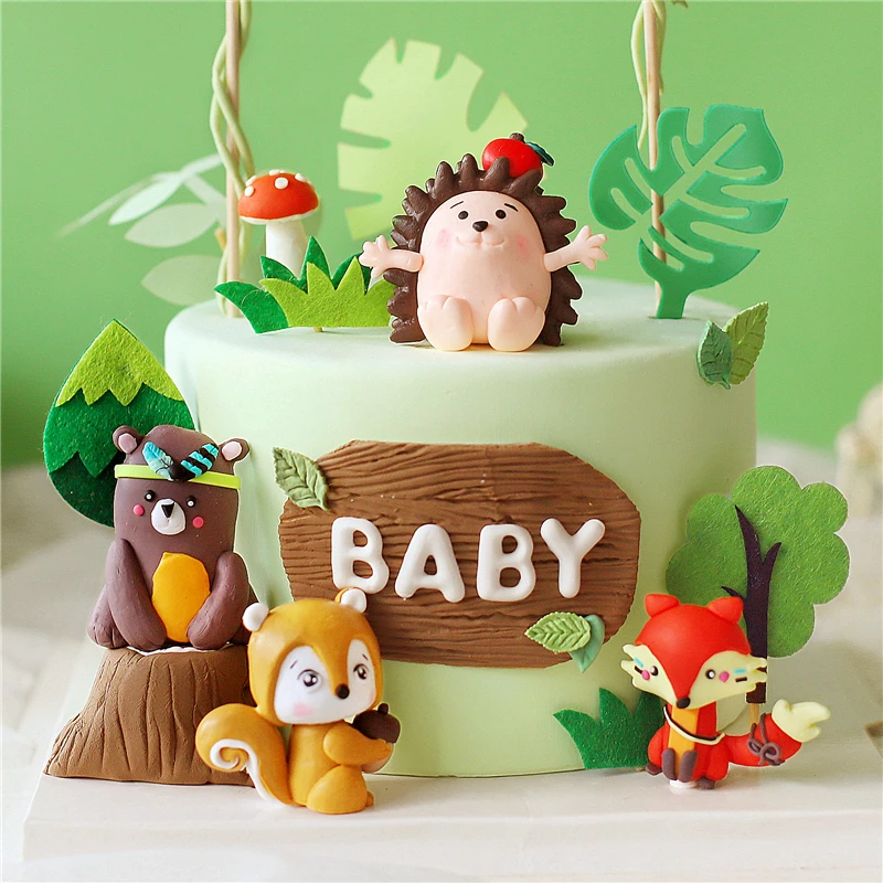 Forest Animal Cake Decorating Hedgehog Fox Turtle Leaf Cake Toppers Boys Birthday Party Dress Up Baby Shower Baking