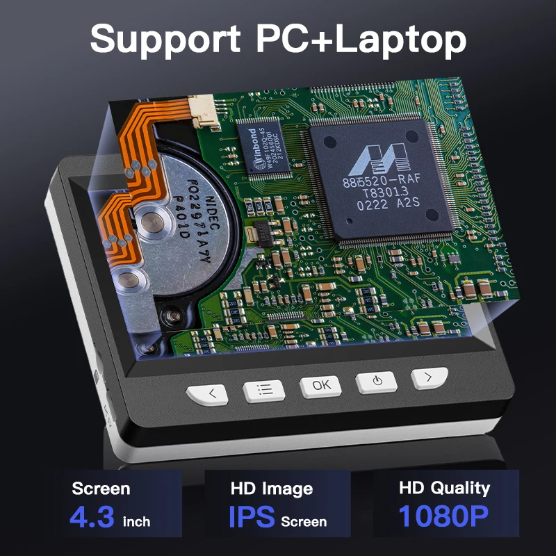 디지털 현미경 4.3 "IPS USB 동전 현미경 1000X 배율 2MP 수리를위한 초정밀 포커싱 납땜 현미경