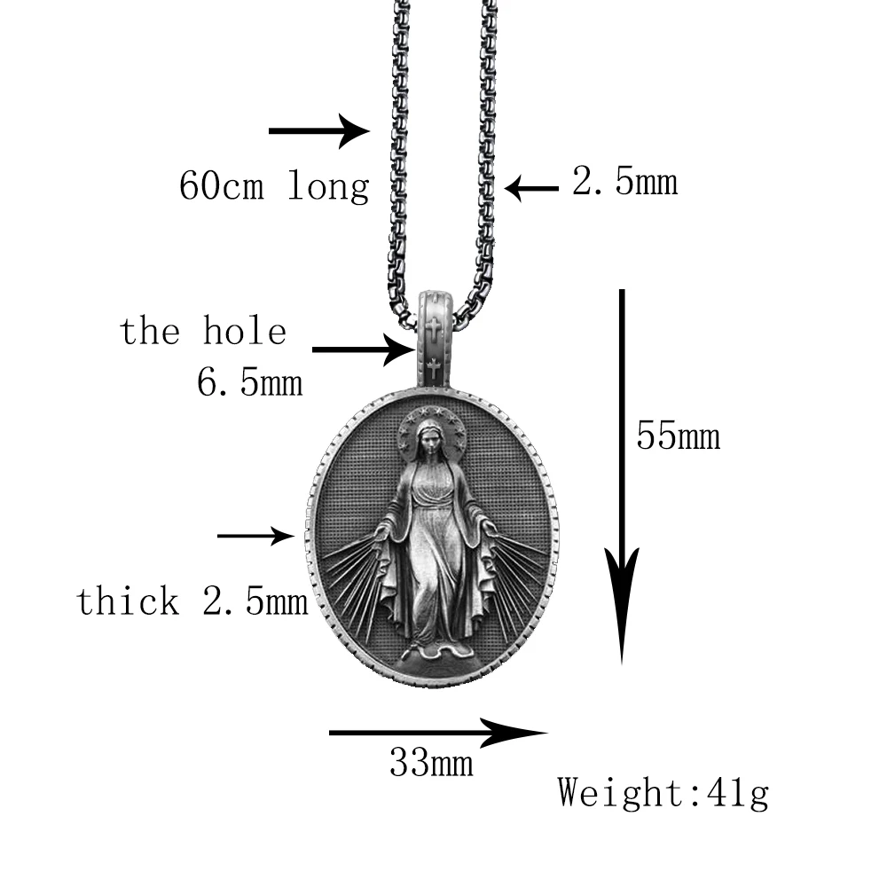 New Arrival Virgin Mary Pendant Medal Religious Christian Necklace Catholic Retro Tag Men With Titanium Steel Sweater Chain
