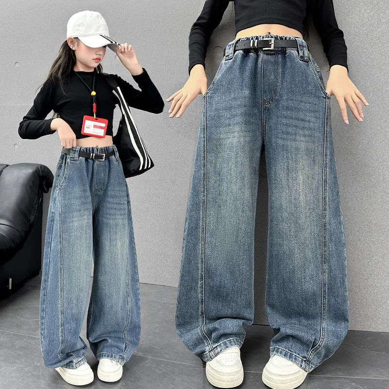 

Girls' Flare Denim Pants, Autumn Children's Denim Long Pants, Loose and Durable Denim Pants, Suitable for Ages 7-14
