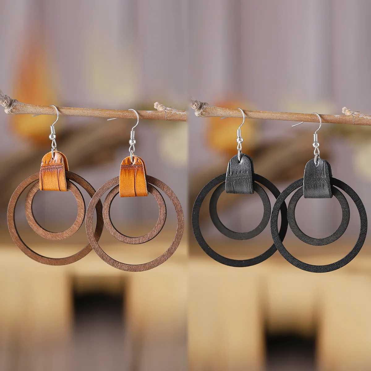 new bohemian double ring pendant earrings wooden leather splicing black and brown autumn and winter earrings gift
