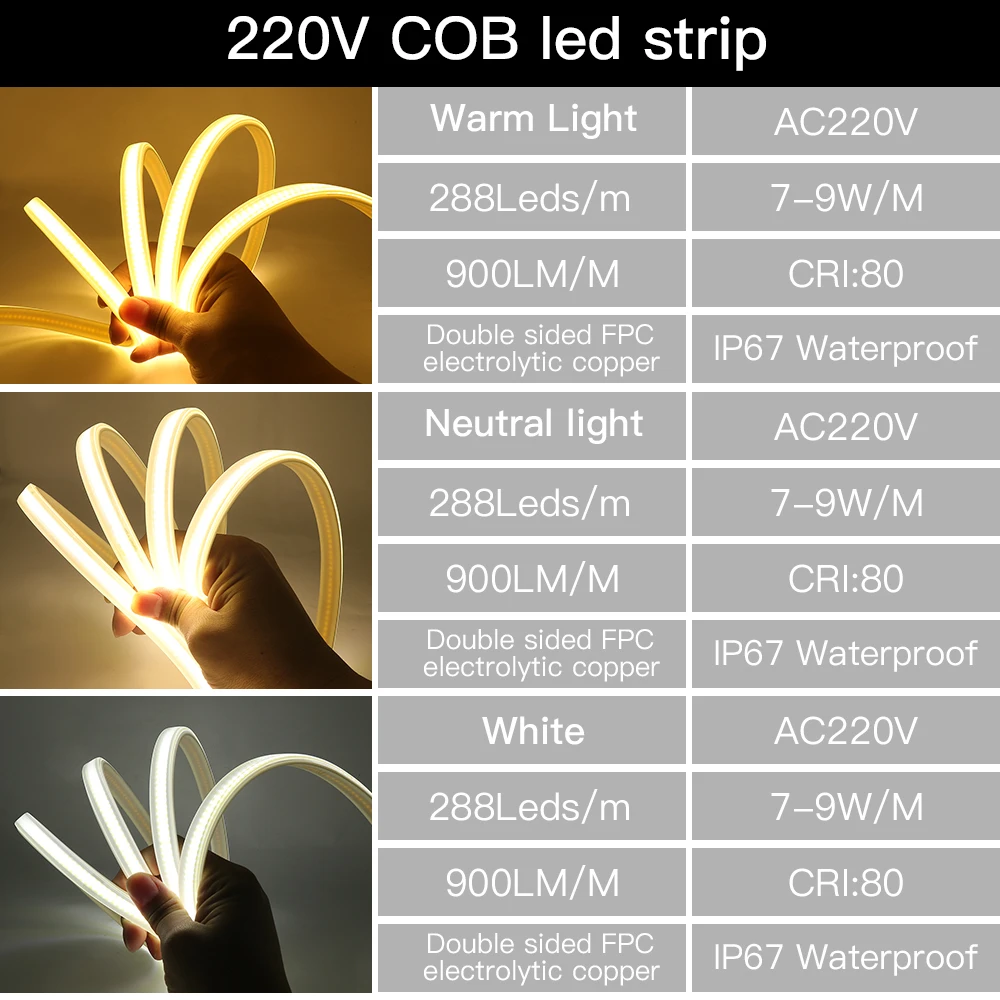 Bande lumineuse LED COB, 50m 100m, 220V, étanche IP67, éclairage extérieur, 288 diodes/m, RA90 linéaire, ruban Flexible 3000K 4000K 6000K + prise