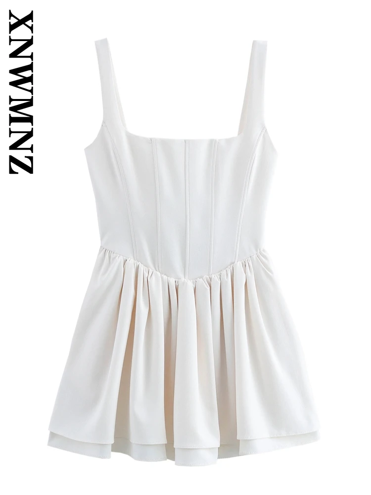 XNWMNZ 2024 Summer Woman\'s Casual Sleeveless Solid Color Slip dress Top Female Fashion Ruffles zipper Sling Pleated Skirt Dress