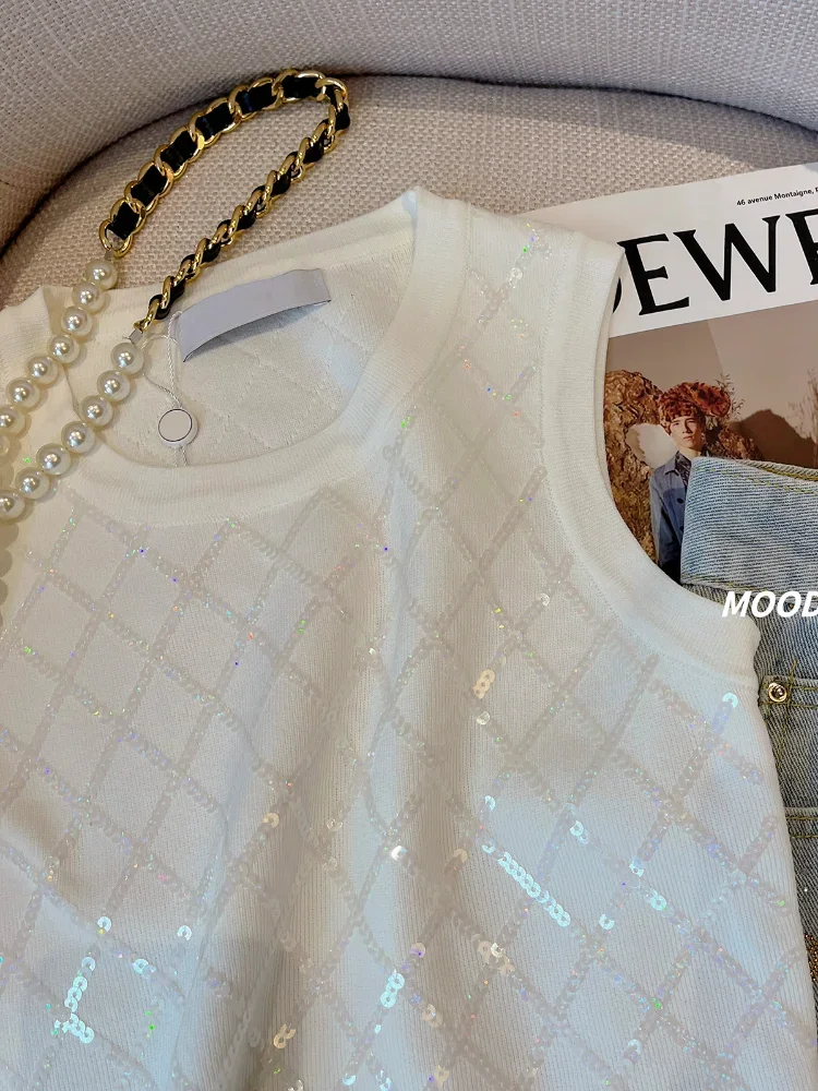 Argyle Sequins Knit Vest Women Pullover 2024 Summer New O-neck Fashion Chic Sleeveless Sweater Vests Knitwear Crop Tops Jumper