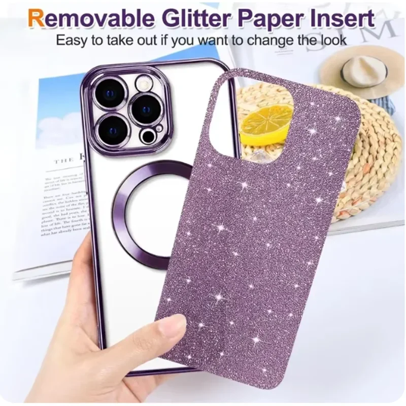 Luxury Electroplate Case for Magsafe For iPhone 16 15 14 Plus 13 12 11 Pro Max Soft Bumper Cover Wireless Charging Glitter Case