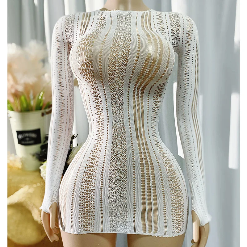 1PC Women Fishnet Cover Up Without Bikini Sexy Lingerie See Through Hollow Out Bodycon Dress Long Sleeve Beachwear DSH565