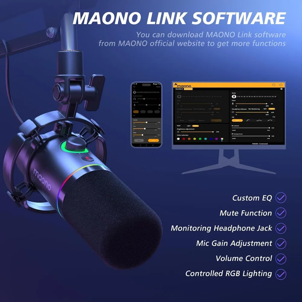 Dynamic Microphone Kit for Streaming, Podcasting, and Recording with RGB Effects, Mute, Gain Control, and Boom Arm Support - view 3