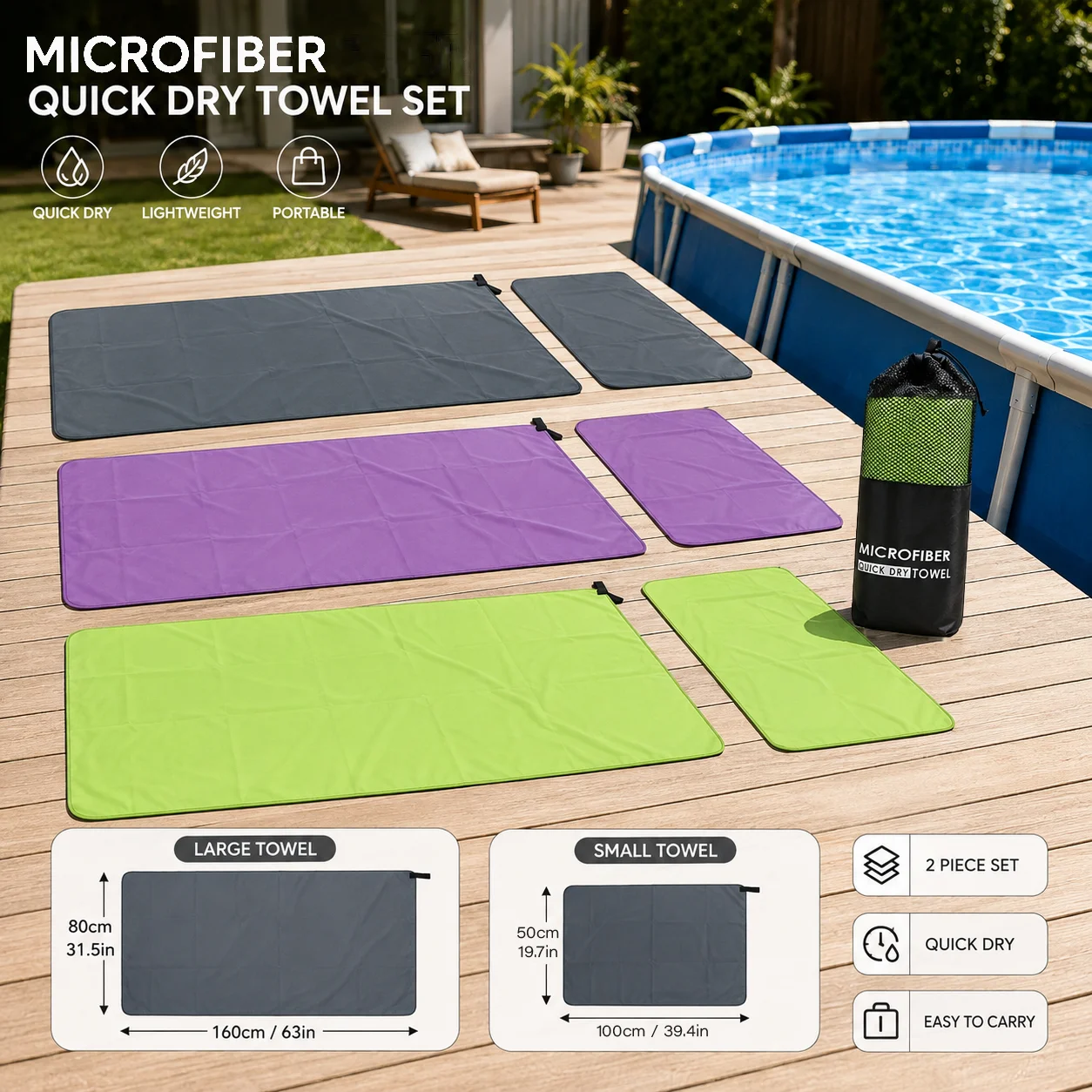 Juego de 2 Toallas de Microfibra de Secado Rápido 50×100cm y 80×160cm Ultra Absorbentes y Ligeras para Viaje y Playa con Bolsa de Almacenamiento