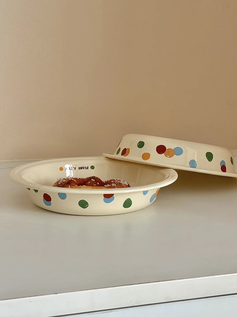 

Breakfast Dish Enamelware Pancake Waffle Breakfast Plate Dessert Plate Wave Dot Pattern Ins Style Kitchen Dining Utensils