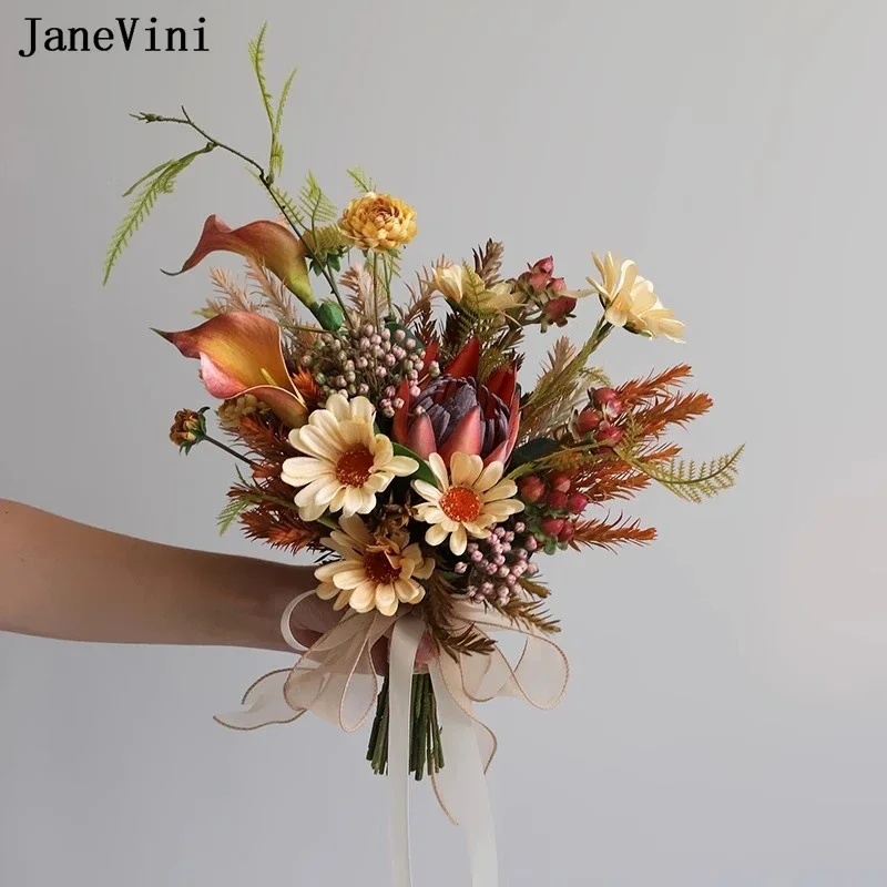 

JaneVini New Luxury Orange Calla Lily Bridal Hand Bouquets Artificial Silk Roses Fake Bouquet Flowers Bride Wedding Accessories