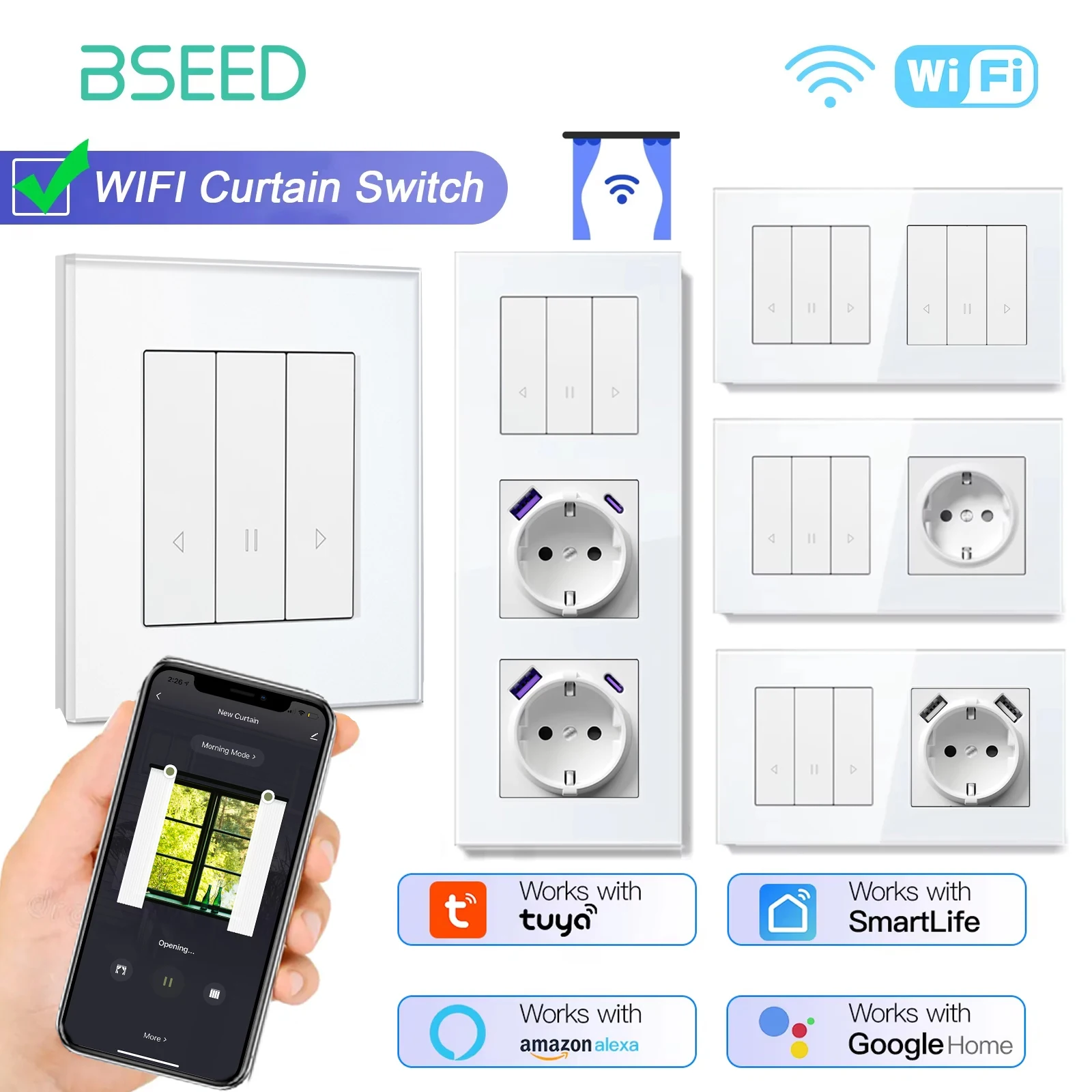 

Серия переключателей для штор BSEED WIFI, настенные умные переключатели с желтой подсветкой, стеклянная рамка, переключатель приложения Tuya, настенные розетки европейского стандарта с USB