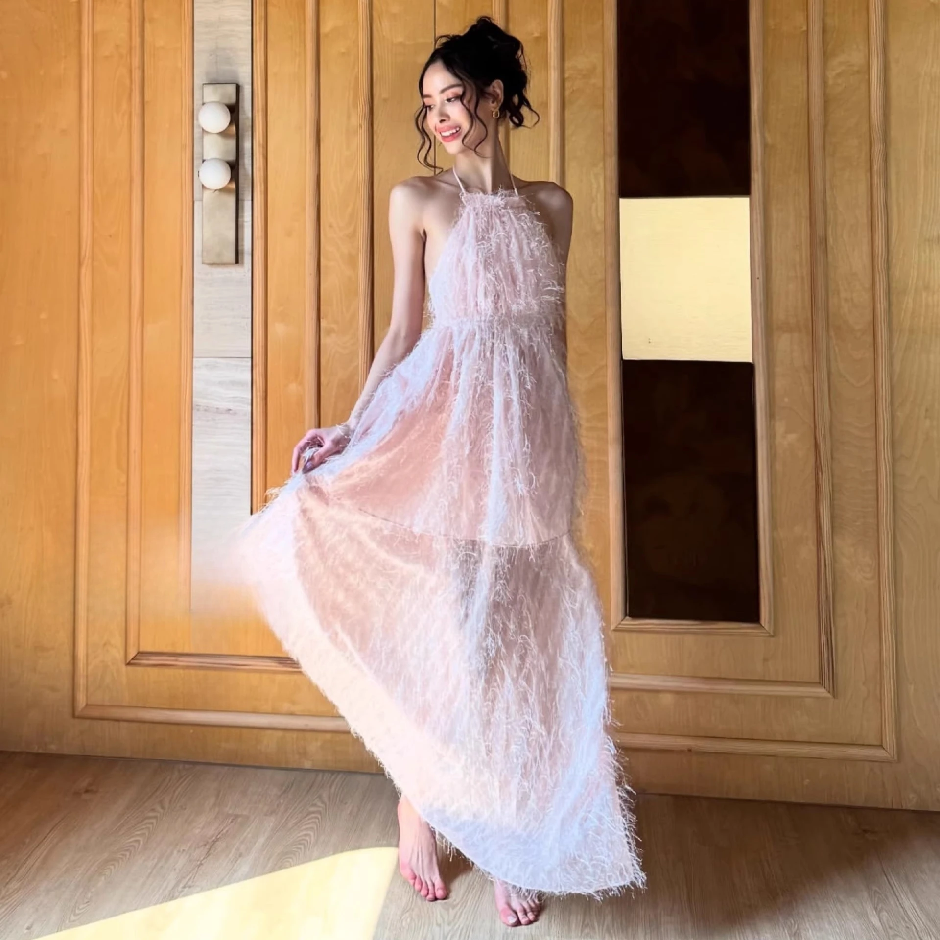 

Pink Tassels Elegant Dress Women Backless Sleeveless Summer Vacation Vestidos Bodycon Streetwear Chic Cloth Lady