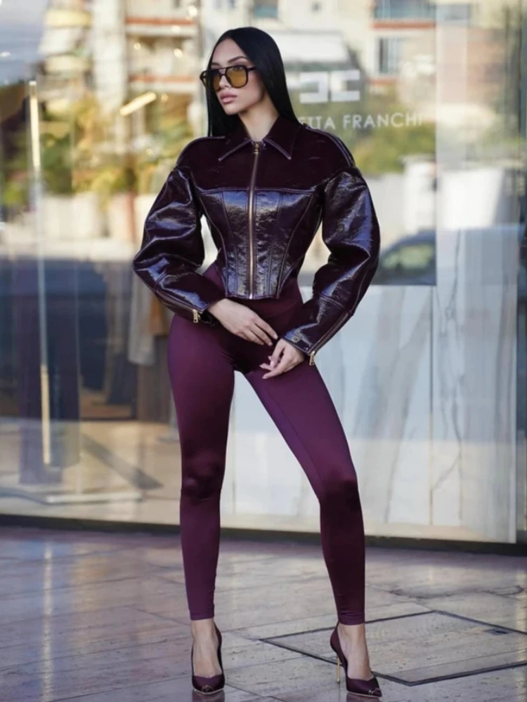 

OFTBUY Women's Leather Jacket Women Retro Coated Cinched-waist Leather Jacket Lady Zipper Coats New Party High Street Coat