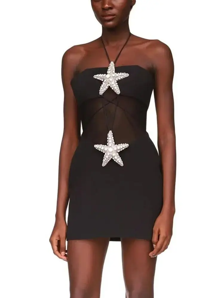 Ailigou 2023 New Women's Strapless Sexy Backless Diamond Starfish Mesh Mini Tight Bandage Dress Elegant Celebrity Party Dress