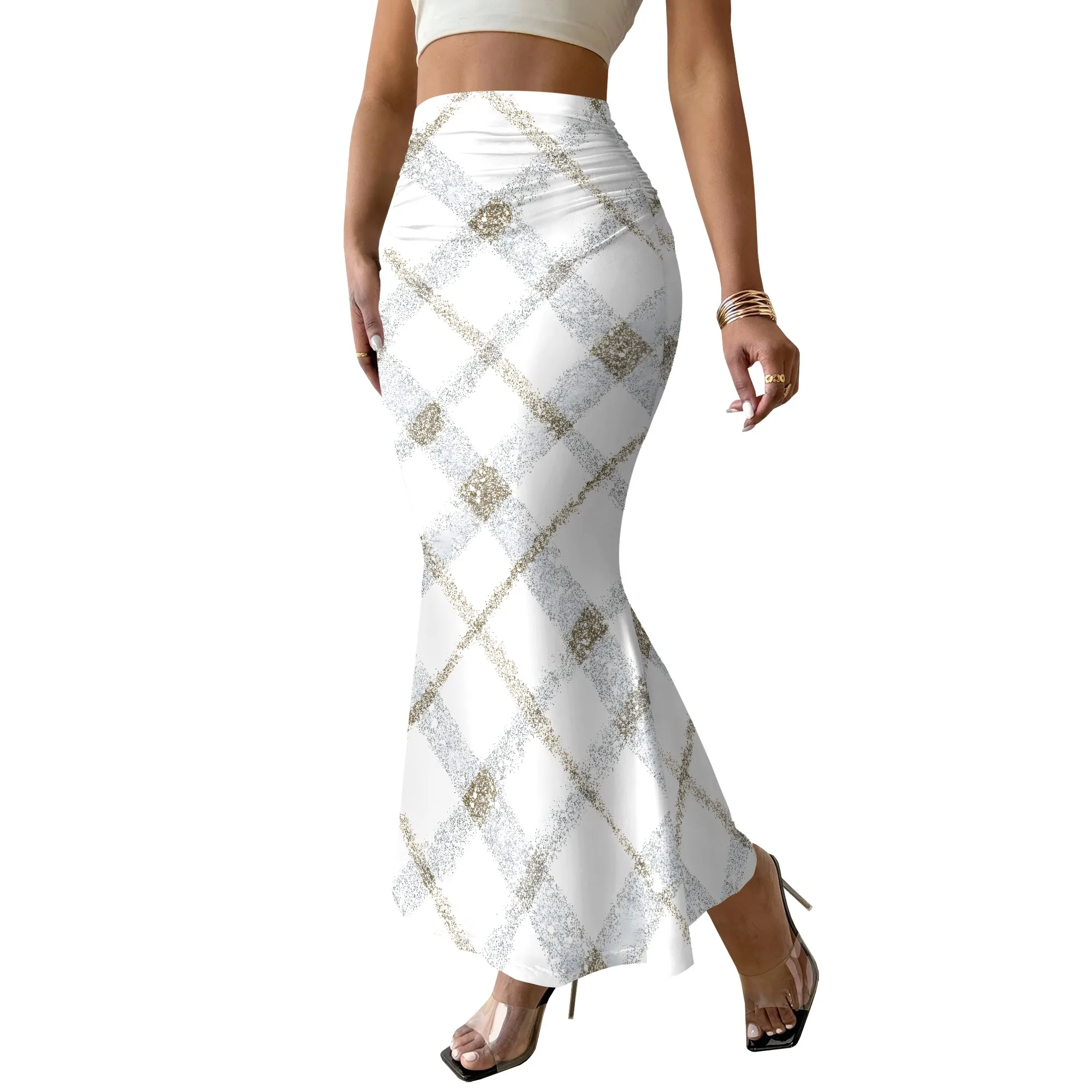 Glitter Plaid Print Mermaid Skirt, White Gold Check Pattern Maxi Skirt, Ruched High Waist Party Club Wear for Women, S-2XL